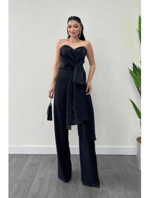 Atlas Kumaş Saten Detaylı Straplez Abiye Tulum - Siyah