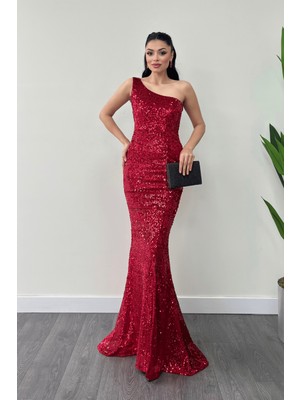 Kadife Payet Tek Kol Abiye Elbise - Kırmızı