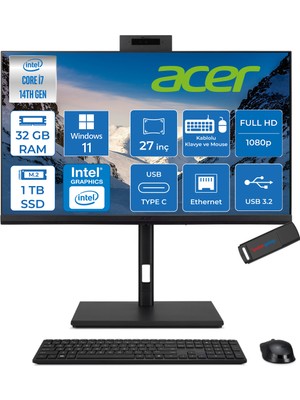 Acer Veriton 4000 VZ4727GT Intel Core I7 14700 32GB Ram 1tb SSD Windows 11 Pro UHD Graphics 27" Yükseklik Ayarı, Pivot, Vesa Desteği Fullhd All In One Bilgisayar DQR23EM003P13 + Zetta Flash Bellek