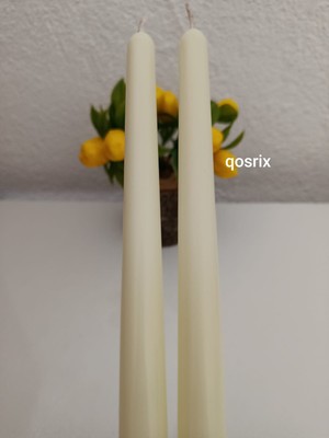 Qosrix 2'li Açık Krem Şamdan Soya Mumu Soya Doğal Pudra Kokulu Uzun Çubuk Konik Mum Dekoratif