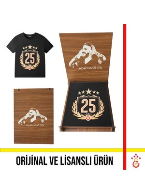 Galatasaray Lisanslı 2025 Şampiyonluk Özel Siyah Çocuk T-Shirt Hediye Icardi Ahşap Kutulu