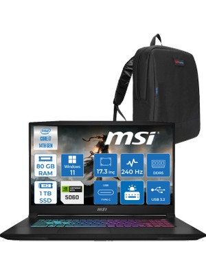 MSI Msı Katana 17 Hx B14WFK-215XTR 14. Nesil Intel I7-14650HX 80GB Ddr5 1tb SSD 8GB/RTX5060 115W 17.3" Qhd (2560*1440), 240Hz IPS Windows 11 Home Taşınabilir Bilgisayar. W215XTRH23+ZETTAÇANTA