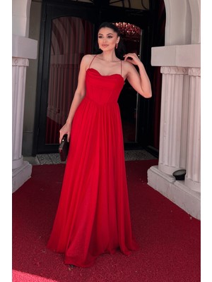 Simli Tül Kumaş Sırt Ipli Abiye Elbise - Kırmızı