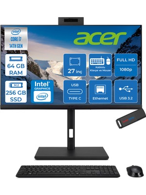 Acer Veriton 4000 VZ4727GT Intel Core I7 14700 64GB Ram 256GB SSD Freedos UHD Graphics 27" Yükseklik Ayarı, Pivot, Vesa Desteği Fullhd All In One Bilgisayar DQR23EM003F26 + Zetta Flash Bellek