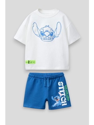 Magu Erkek Çocuk Pamuklu Beyaz Mavi Baskılı T-shirt ve Şort Takım - Yazlık Eğlenceli
