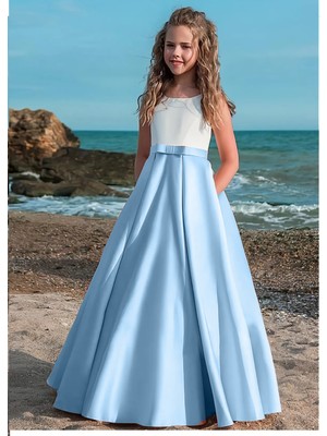 Kız Çocuk Elbise Mezuniyet Doğum Günü Elbise Iki Renkli Uzun Saten Elbise Çocuk Abiye Elbise