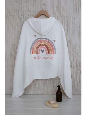 Tuğba Kuğu 4 Kat Müslin Kapüşonlu Havlu - For Baby Serisi - Somon Gökkuşağı