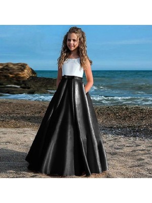 Kız Çocuk Elbise Mezuniyet Doğum Günü Elbise Iki Renkli Uzun Saten Elbise Çocuk Abiye Elbise