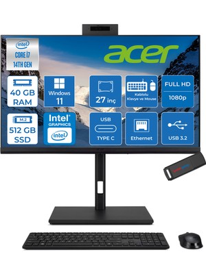 Acer Veriton 4000 VZ4727GT Intel Core I7 14700 40GB Ram 512GB SSD Windows 11 Pro UHD Graphics 27" Yükseklik Ayarı, Pivot, Vesa Desteği Fullhd All In One Bilgisayar DQR23EM003P17 + Zetta Flash Bellek