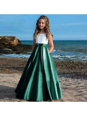 Kız Çocuk Elbise Mezuniyet Doğum Günü Elbise Iki Renkli Uzun Saten Elbise Çocuk Abiye Elbise