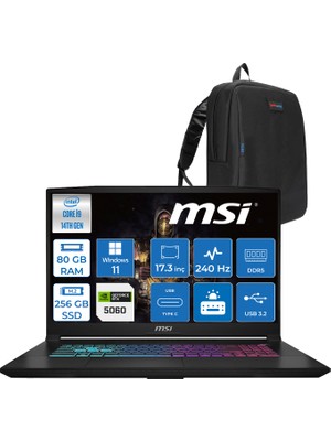MSI Msı Katana 17 Hx B14WFK-217TR 14. Nesil Intel İ9-14900HX 80GB Ddr5 256GB SSD 8GB/RTX5060 115W 17.3" Qhd (2560*1440), 240Hz IPS Windows 11 Home Taşınabilir Bilgisayar. W217TRH21+ZETTAÇANTA