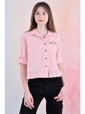 Kız Çocuk Bel Detaylı-Taş Baskılı Crop Gömlek 6-15 Yaş 12254