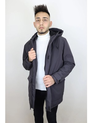 Rodrigo Fistan Store Erkek Antrasit Geniş Kesim Kapüşonlu Torba Cepli Fermuar Kapamalı Kışlık Kaban