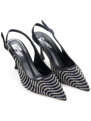 Pisagor PS-31930 7 cm Topuklu Kadın Taşlı Arkası Açık Stiletto Abiye Ayakkabı