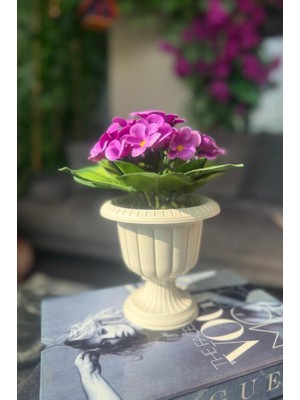 Yapay Çiçek Krem Antik Saksıda Mor Kadife Menekşe Gerçekçi Doku 22CM