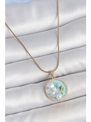 316L Çelik Gold Renk Zincir Zirkon Taş Detaylı Mavi Mineli Çiçek Işlemeli Inci Detay Kadın Kolye - TJ-BKO10137