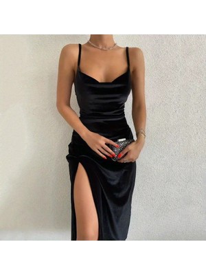 Deridün Yıldız Shoes Kadın Askılı Degaje Yakalı Yırtmaçlı Kadife Midi Elbise