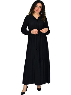 Kadın Uzun Kol Lastikli Kabartma Çizgili Elbise BGL-ST04676