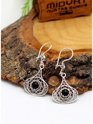 Oniks Taşlı Damla Model Oksitli Telkari Gümüş Kadın Küpe 201024198