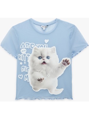 Koton Kısa Kollu Bisiklet Yaka Slim Fit Kedi Baskılı Crop Tişört