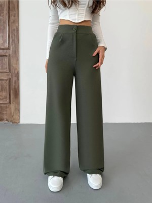 Kadın Haki Likralı Palazzo Salaş Geniş Paça Pantolon