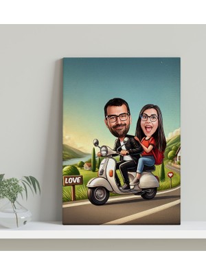 Bk Gift Kişiye Özel Motorcu Çift Karikatürlü Kanvas Tablo-1 (30X50), Sevgiliye Hediye, Sevgililer Günü Hediyesi