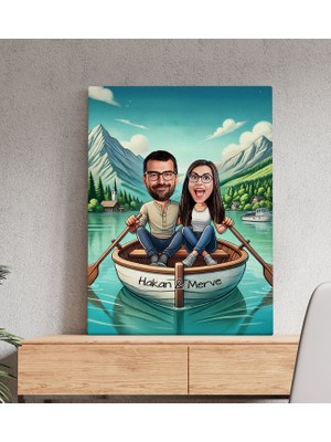 Bk Gift Kişiye Özel Teknede Oturan Çift Karikatürlü Kanvas Tablo-1 (50X70), Sevgiliye Hediye, Sevgililer Günü Hediyesi