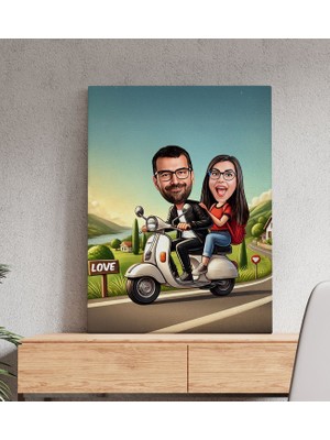 Bk Gift Kişiye Özel Motorcu Çift Karikatürlü Kanvas Tablo-1 (50X70), Sevgiliye Hediye, Sevgililer Günü Hediyesi
