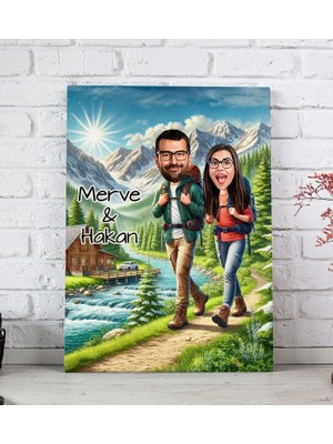 Bk Gift Kişiye Özel Doğa Yürüyüşü Karikatürlü Kanvas Tablo-1 (20X30), Sevgiliye Hediye, Sevgililer Günü Hediyesi