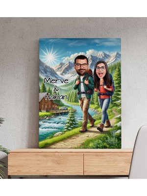 Bk Gift Kişiye Özel Doğa Yürüyüşü Karikatürlü Kanvas Tablo-1 (50X70), Sevgiliye Hediye, Sevgililer Günü Hediyesi