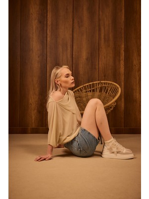 Bej Cilt Yıldız Desenli Kadın Spor Ayakkabı