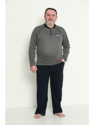Erkek Uzun Kollu Cepli ve Yaka Düğmeli Battal Beden Süprem Pijama Takımı 01741