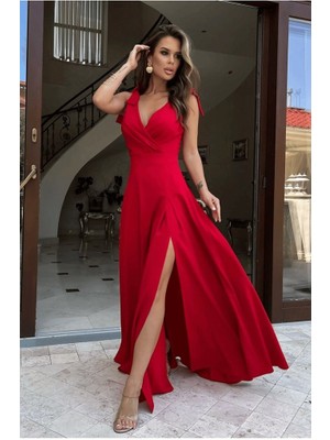 Veraura Lifestyle Kadın Askılı Omuzdan Bağlamalı Kruvaze Yakalı Uzun Yırtmaçlı Janjan Krep Elbise