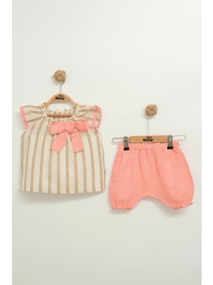 Mini Baray Müslin Fiyonklu Şortlu Çizgili Kız 2 Li Takım