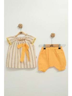 Mini Baray Müslin Fiyonklu Şortlu Çizgili Kız 2 Li Takım