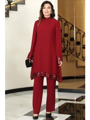 Esilanur Umay Şifon Tunik Pantolon Ikili Tesettür Takım Bordo