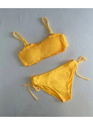 Kadın Sarı Büzgülü Astarlı Bikini Takım HZL25S-LC3349
