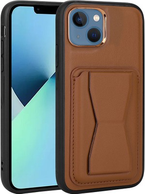 Apple iPhone 13 Kılıf Kartlıklı Standlı ​pu Deri Mbtm Memo Kapak-Kahverengi