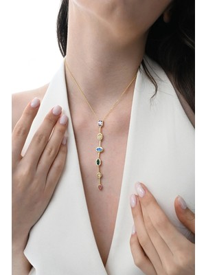 Gümüş Altın Yaldızlı Asimetrik Kesim Renkli Zirkon Taşlı Y Kolye SGTL12866GOLD