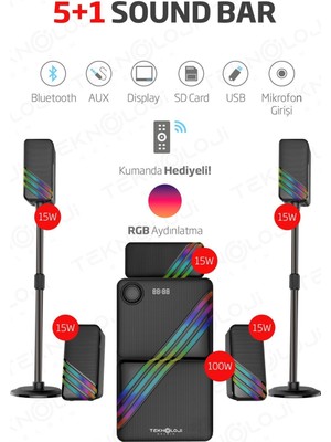 Hepu HP-TV03 5+1 Soundbar 100 Watt Amfi Stereo HD Ses Renkli RGB Kablolu Ev Sinema Sistemi