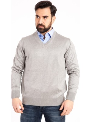 Erkek Gri Ince Yün Triko V Yaka Triko Kazak