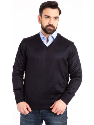 Erkek Lacivert Ince Yün Triko V Yaka Triko Kazak