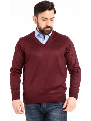 Erkek Bordo Ince Yün Triko V Yaka Triko Kazak