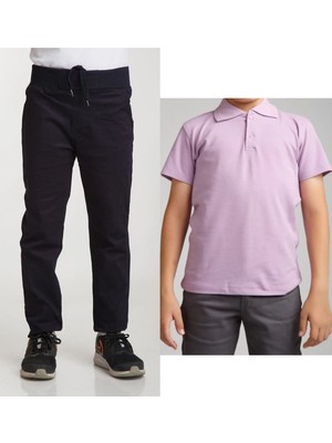 Unisex Çocuk Ribana Bel Keten Lacivert Okul Pantolonu + Polo Yaka Kısa Kol T-Shirt