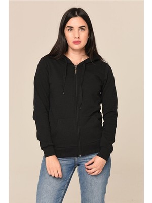 Siyah Kadın Fermuarlı Kapüşonlu Sweat Hırka Uzun Kol %100 Pamuk Düz Desen ile Rahat Kullanım