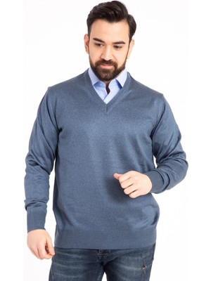 Erkek Indigo V Yaka Triko Kazak