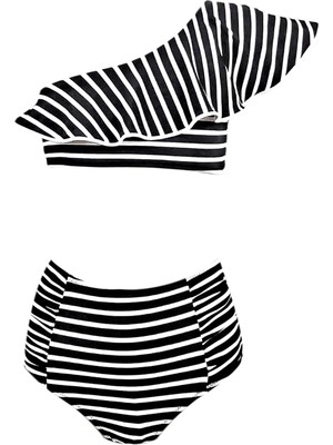 Tek Omuz Çizgili Fırfır Yüksek Bel 50UV Kız Çocuk Bikini Takımı By Nessi Byrd