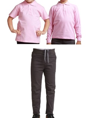 Unisex Çocuk Ribana Bel Keten Okul Pantolonu + Polo Yaka Kısa ve Uzun Kol T-Shirt