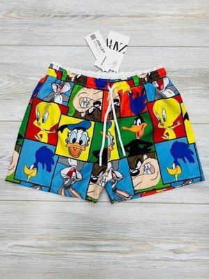 Erkek Çocuk Karakter Baskılı Su Tutmaz Bel Bağcıklı Ağ Fileli Deniz ve Havuz Şortu