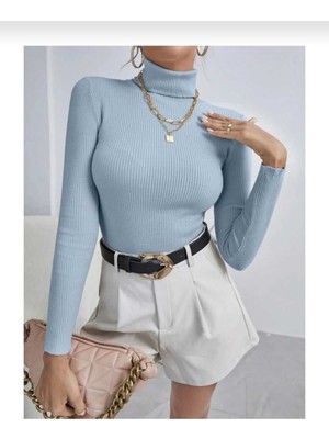 Unisex Açık Mavi Pamuklu Kumaş Balıkçı Yaka Kaşkorse Şardonlu Slimfit Boğazlı Kazak